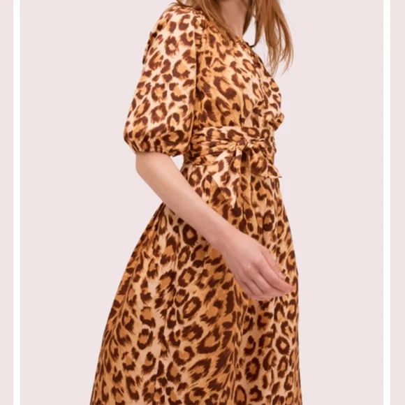 KATE SPADE Leopard Cheetah Panther Puff Sleeve Midi Dress Women - Picture 3 of 12